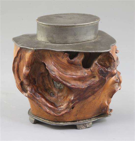 A Chinese rootwood and pewter mounted tea canister, 19th century, height 9.5cm